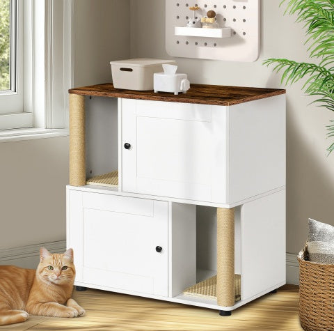 Double Cat Litter Box Enclosure | Wooden Litter Cabinet with Storage Shelf