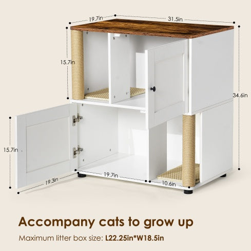 Double Cat Litter Box Enclosure | Wooden Litter Cabinet with Storage Shelf