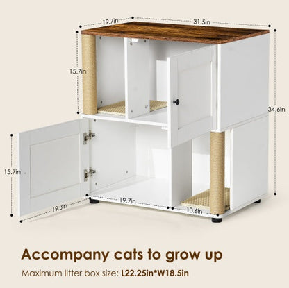 Double Cat Litter Box Enclosure | Wooden Litter Cabinet with Storage Shelf
