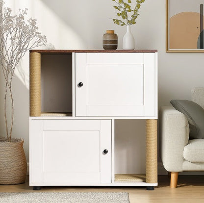Double Cat Litter Box Enclosure | Wooden Litter Cabinet with Storage Shelf