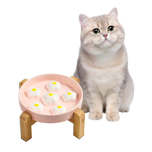 Elevated Slow Feeder Cat Bowl - Raised Cat Food Bowl with Anti-Slip Bamboo Stand - Slow Feeding Cat Plate - Colorful Maze Cat Dish Healthy Eating - Fun Cute Cat Puzzle Feeder - 6 OZ - White Flowers