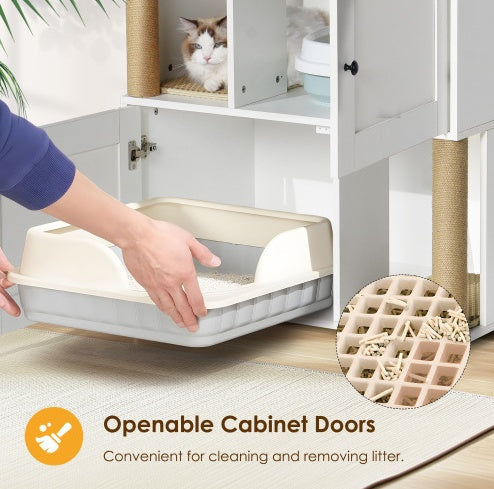 Double Cat Litter Box Enclosure | Wooden Litter Cabinet with Storage Shelf