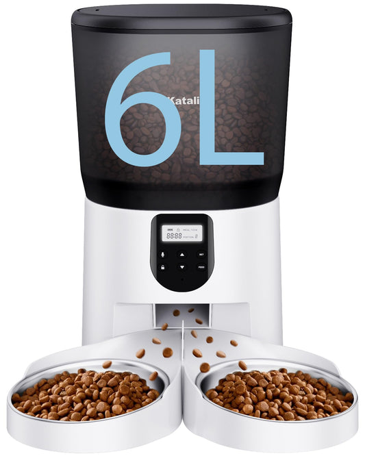 Automatic Cat Feeder for Two Cats – 6L Timed Pet Food Dispenser with Voice Recording, Stainless Steel Bowl
