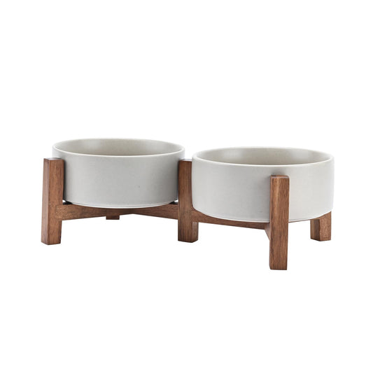 Elevated Ceramic Dog Bowl Set | Wooden Stand Food & Water Bowls