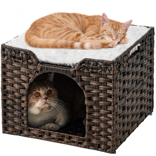 Handwoven Rattan Cat Cave Bed – Covered Indoor Cat House, Cozy Hideaway Cube for Kittens & Cats, Stylish Pet Sleeping Hut